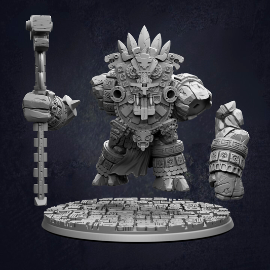 A detailed 3D model of a fantastical creature with intricate armor and a large headdress, standing on a platform with a circular base.