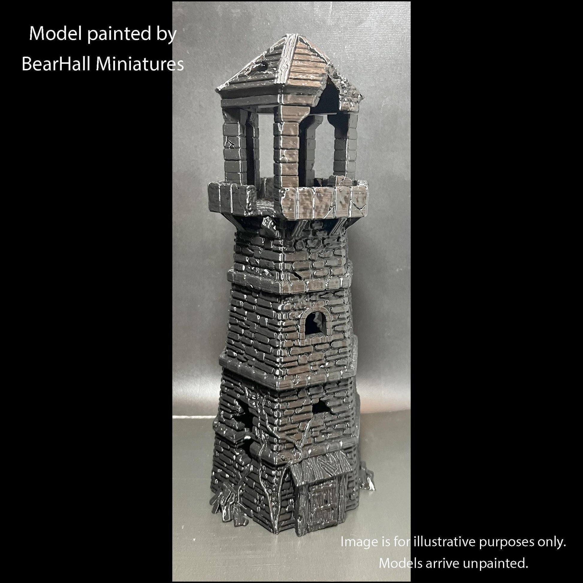 A model of a tower painted by Bear Hall Miniatures.