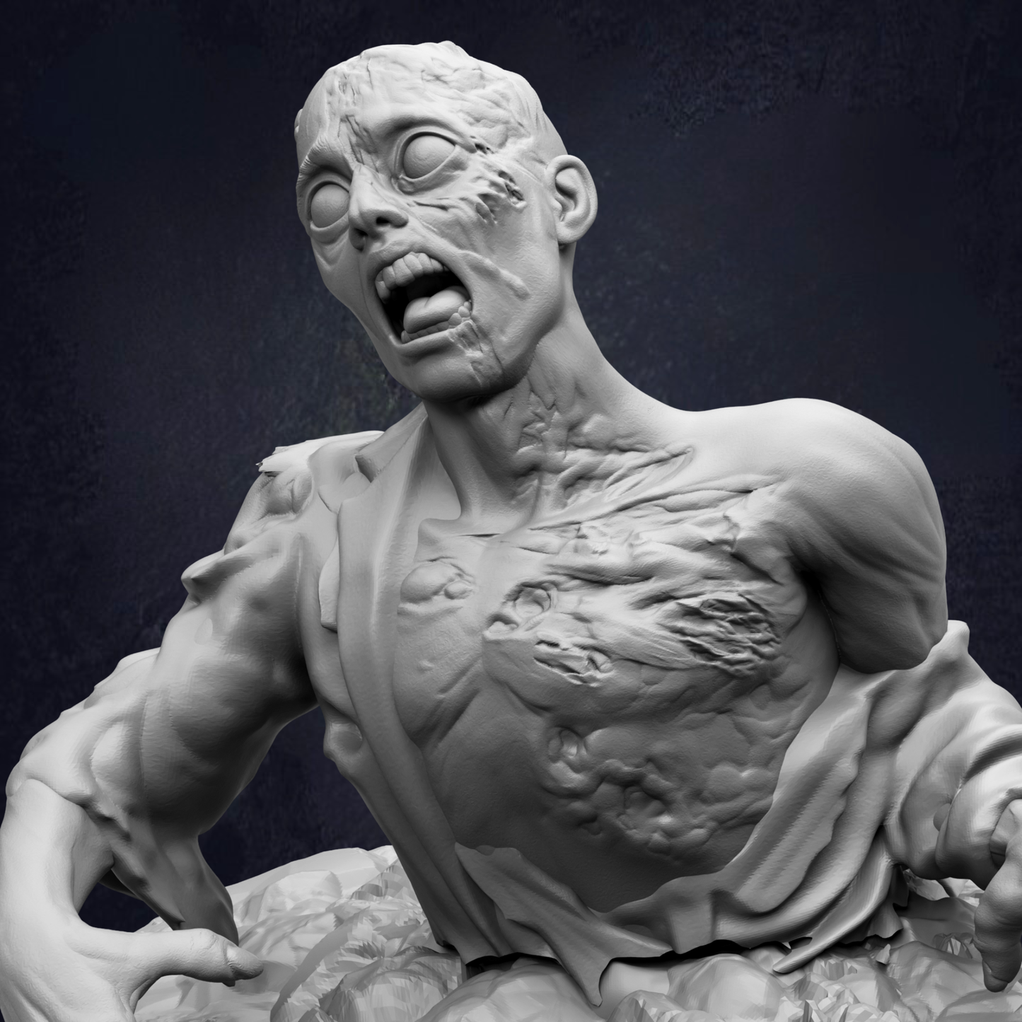 A close-up view of a detailed, sculpted human figure with a frightened expression, appearing to be in a state of distress or fear.