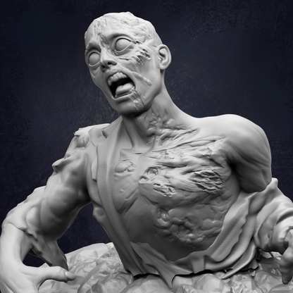 A close-up view of a detailed, sculpted human figure with a frightened expression, appearing to be in a state of distress or fear.