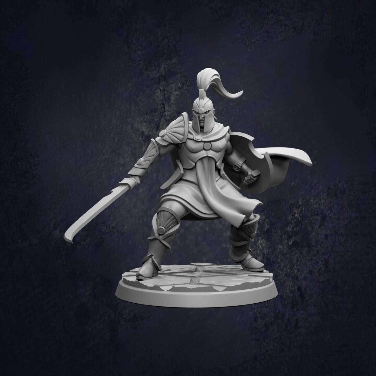 A 3D model of a warrior figure, wearing a helmet and armor, wielding a sword and shield, standing on a platform against a dark background.