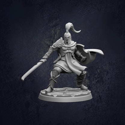 A 3D model of a warrior figure, wearing a helmet and armor, wielding a sword and shield, standing on a platform against a dark background.