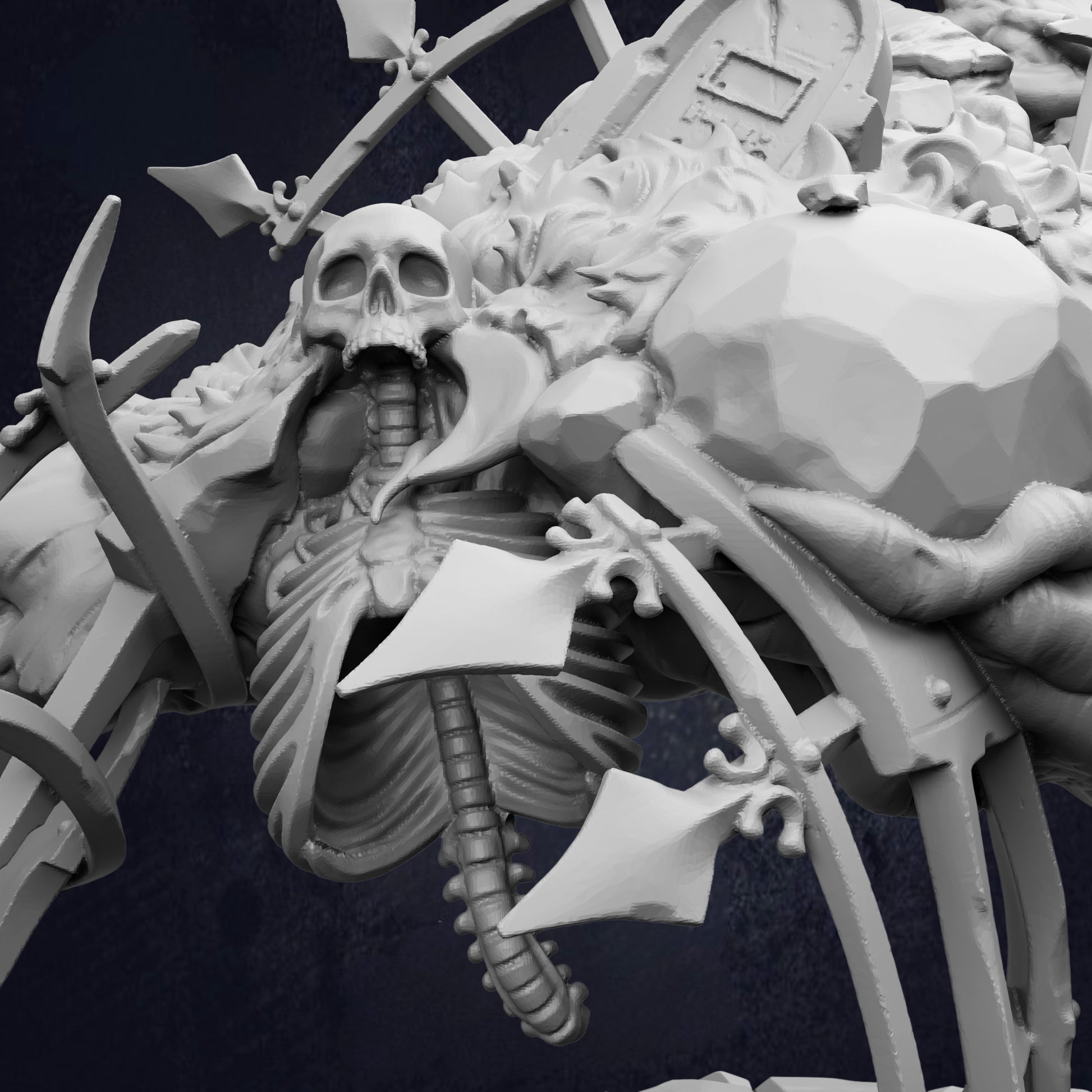 A detailed 3D rendering of a skeletal structure, with intricate details and textures, against a dark background.