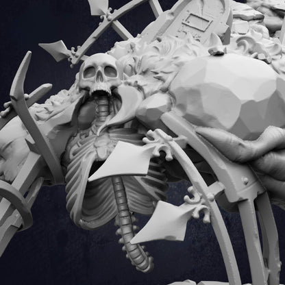 A detailed 3D rendering of a skeletal structure, with intricate details and textures, against a dark background.