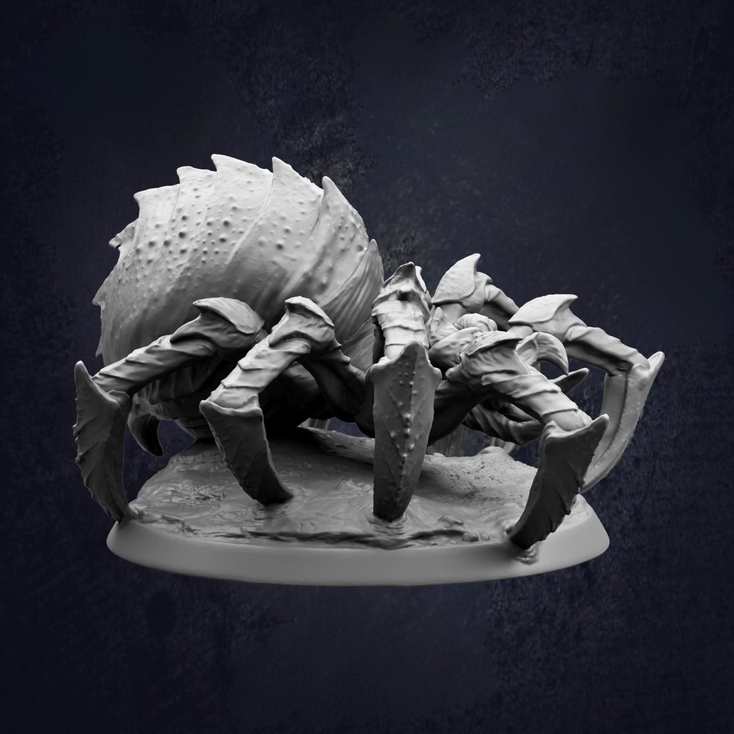 A detailed 3D model of a large spider with sharp fangs and claws, set against a dark background.