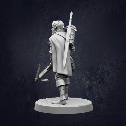 A 3D model of a person holding a sword and a hammer, standing on a platform against a dark background.