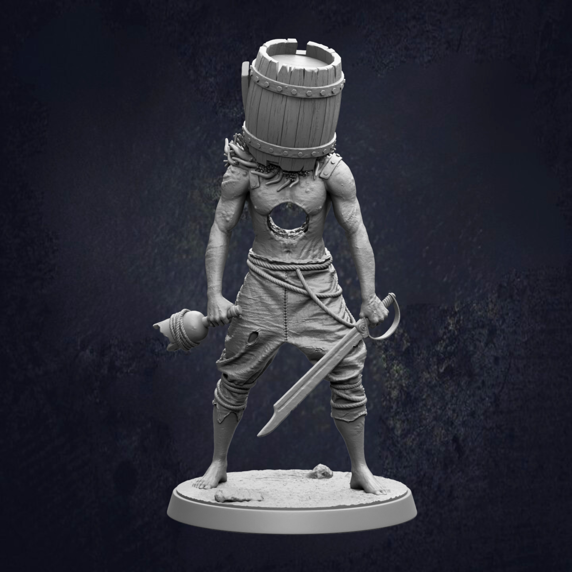 A statue of a pirate standing on a base, holding a sword and a barrel.