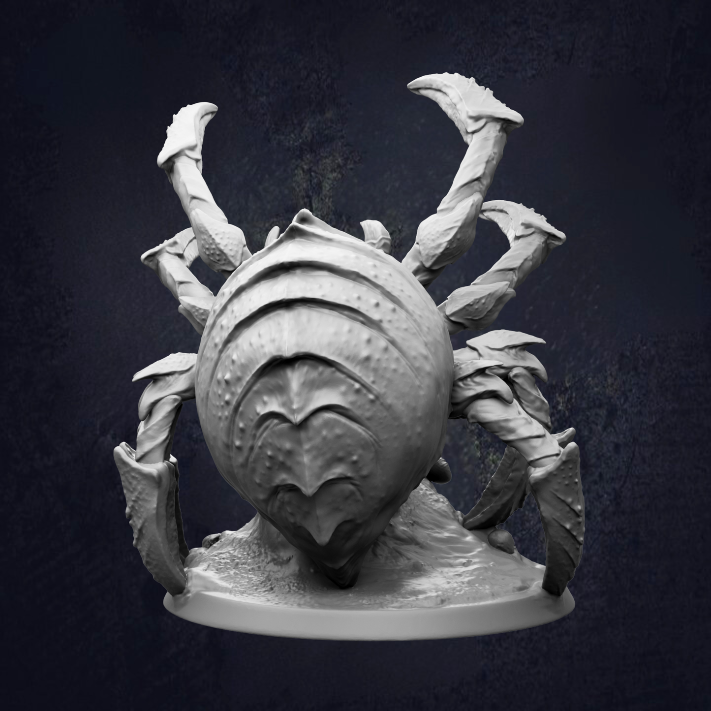 A detailed, intricate sculpture of a large, multi-armed creature resembling a crab or spider, with its legs spread out and claws extended.