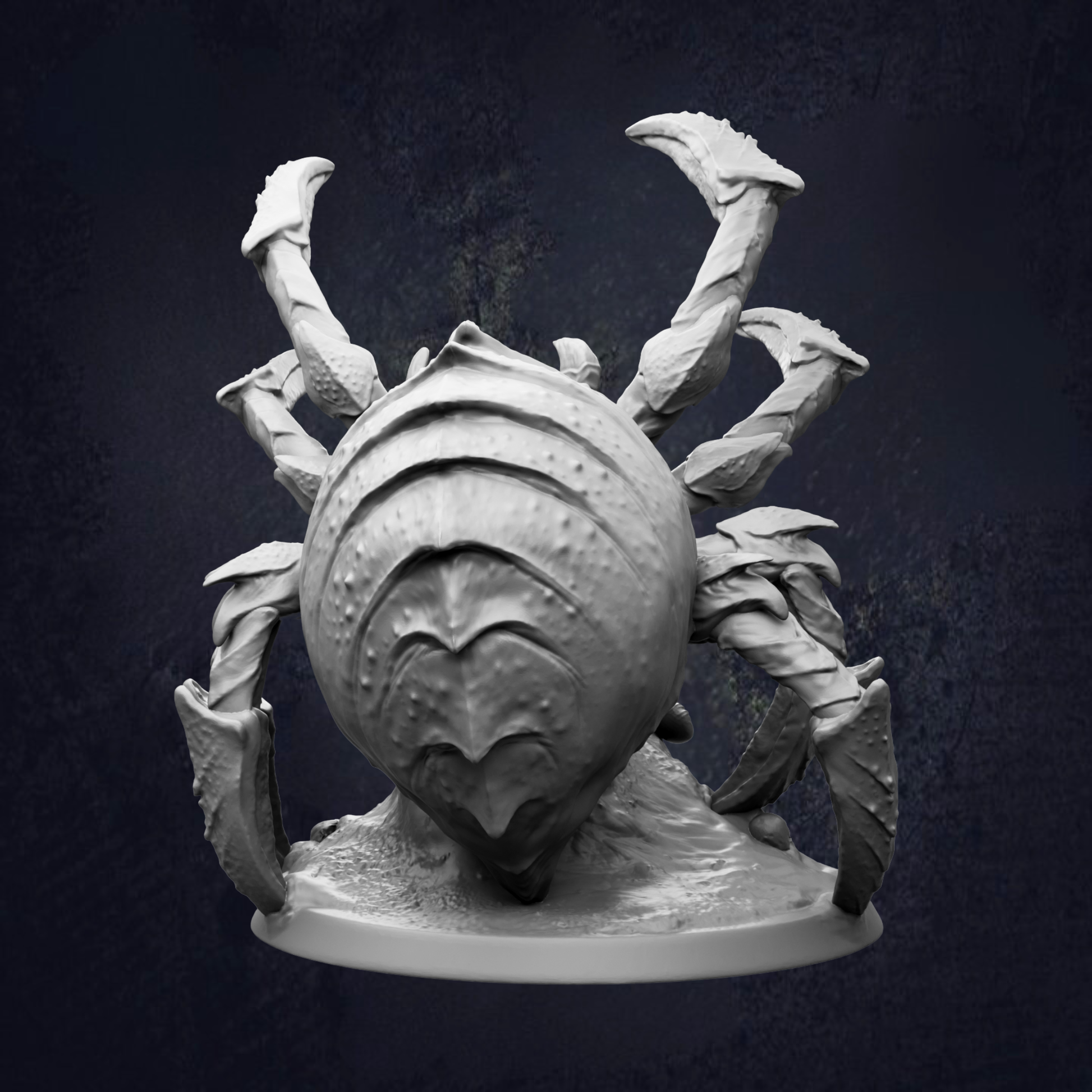 A detailed, intricate sculpture of a large, multi-armed creature resembling a crab or spider, with its legs spread out and claws extended.