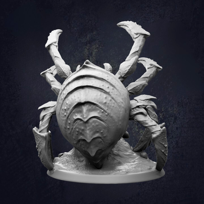 A detailed, intricate sculpture of a large, multi-armed creature resembling a crab or spider, with its legs spread out and claws extended.