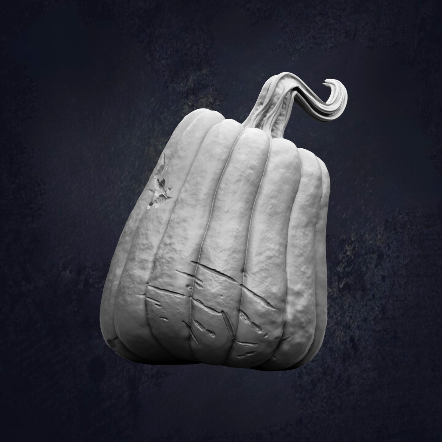 A white, textured pumpkin with a curved stem is shown against a dark background.