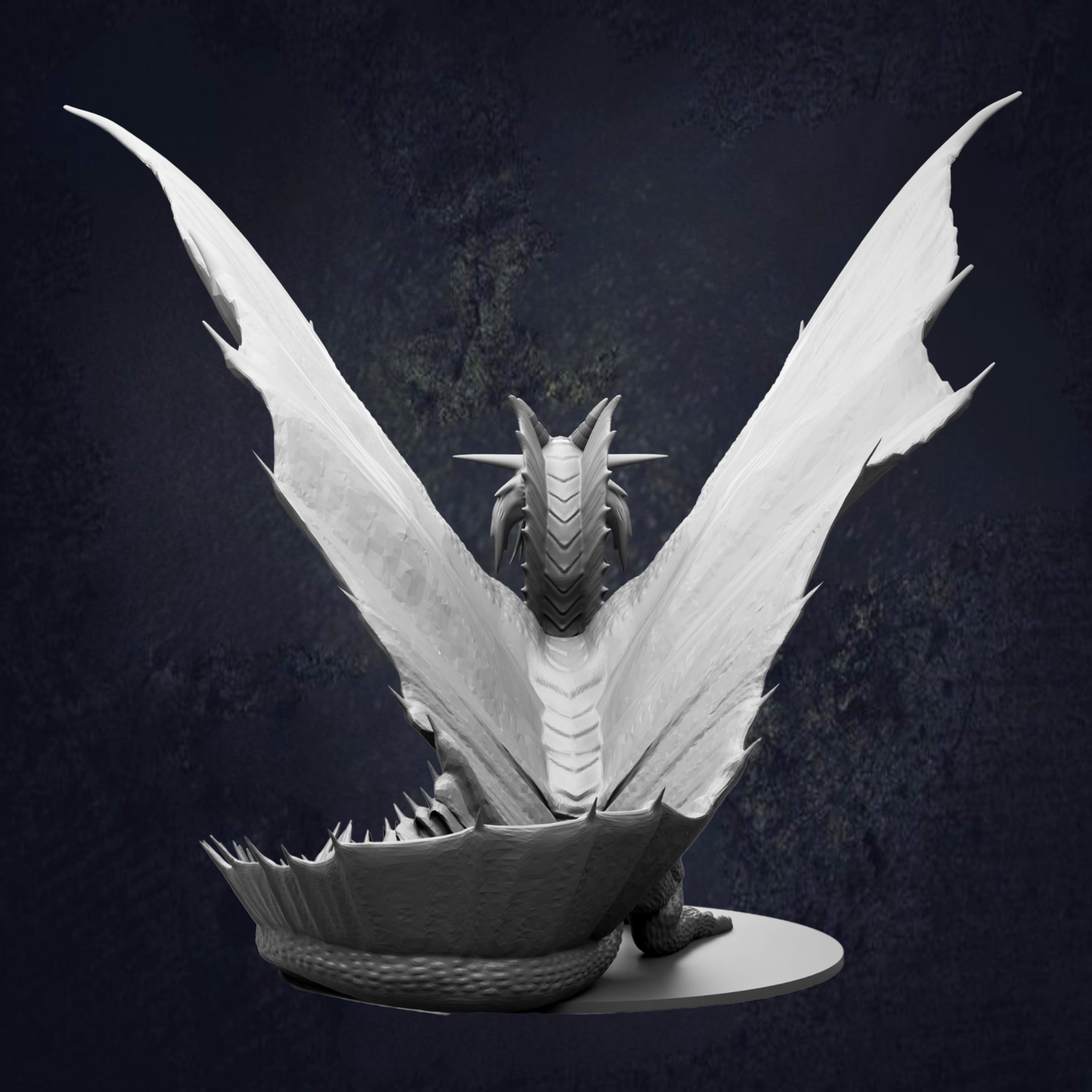 A detailed black and white image depicting a large dragon with outstretched wings, sitting on a round base.