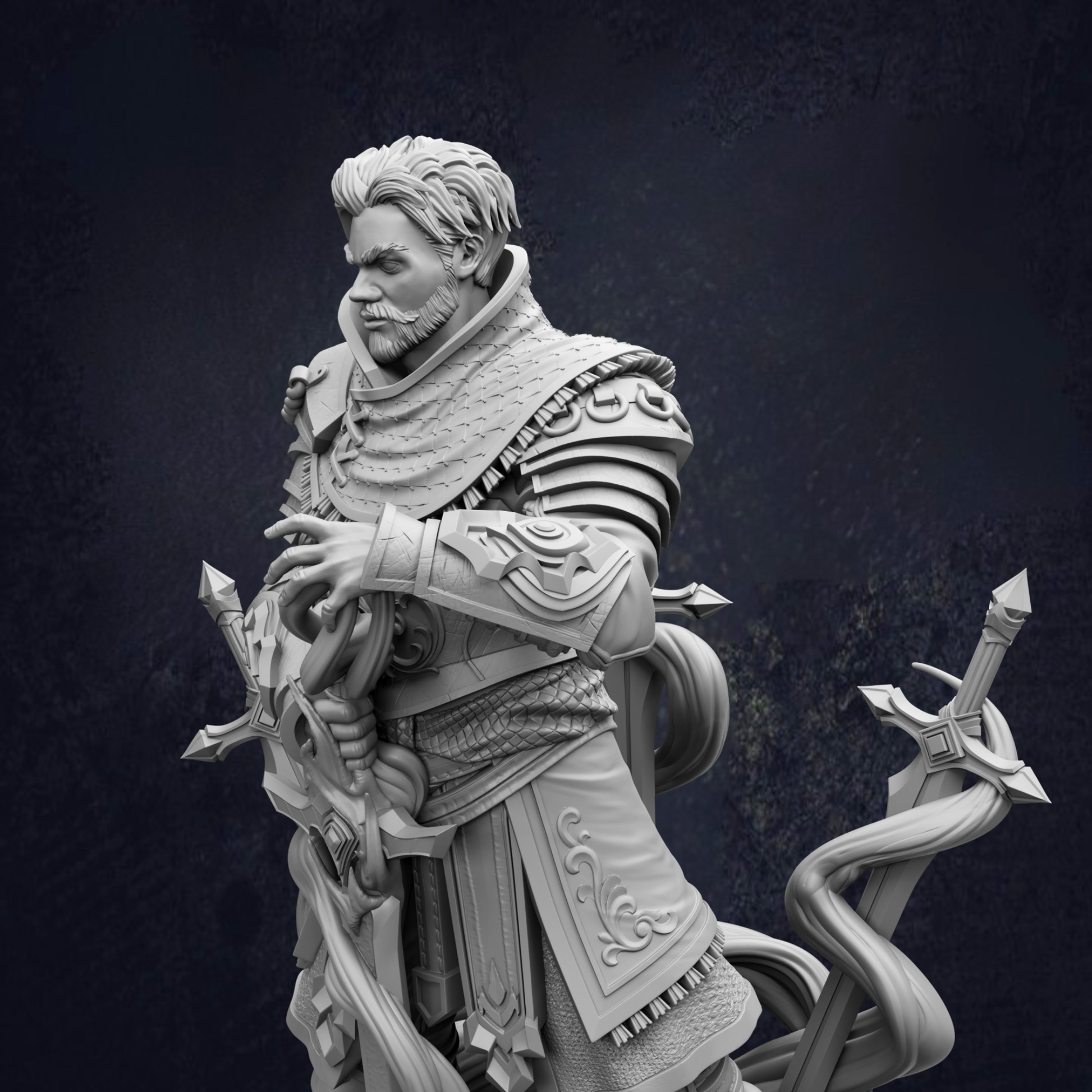 A detailed 3D model of a knight in armor, holding a sword and shield, standing against a dark background.