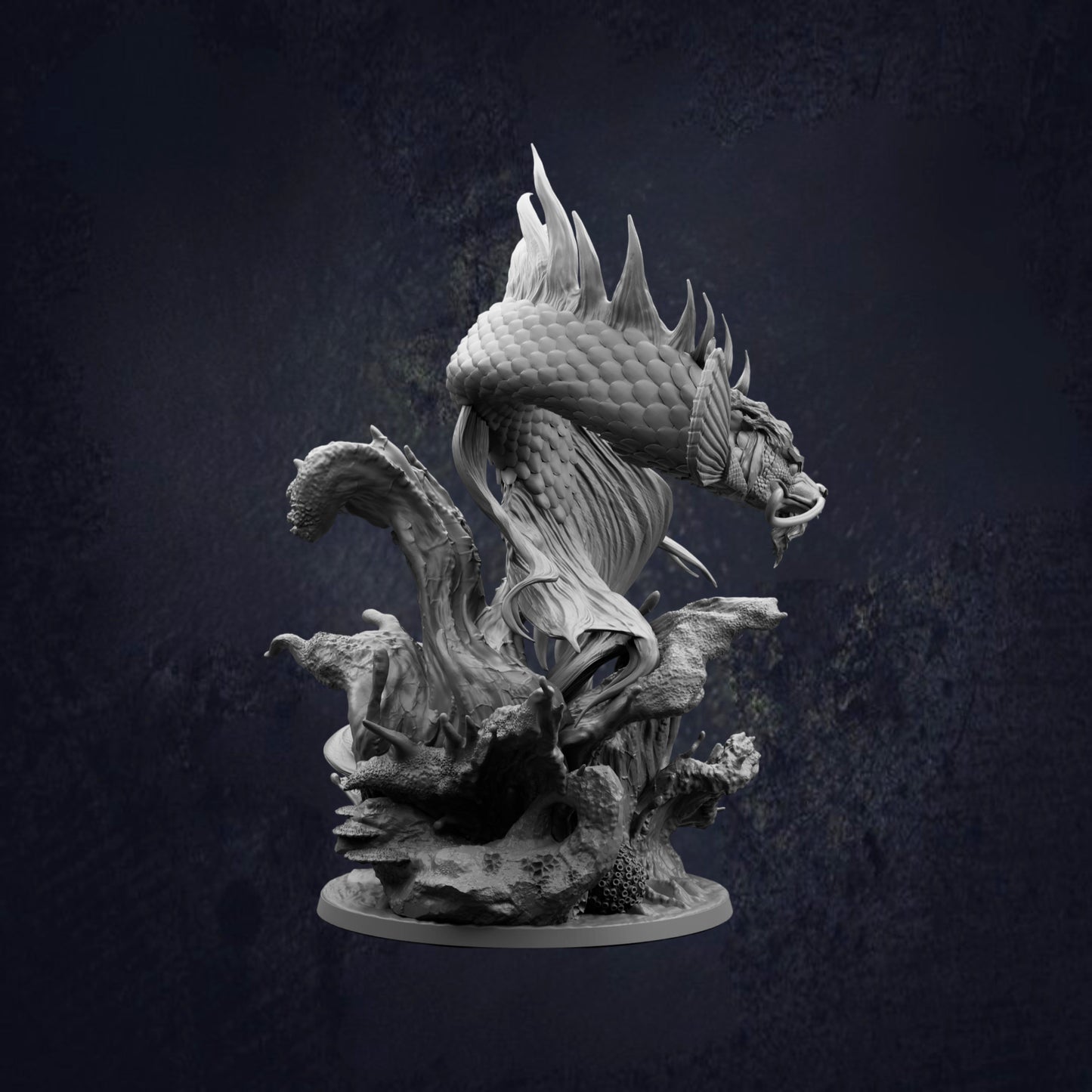 Side view of the Koi Dragon Gargantuan Ancient Water Dragon D&D RPG miniature, showing a serpentine dragon with flowing fins, whiskers and detailed scales rising from a rocky ocean base. 166mm tall on a 100mm base. Requires assembly.