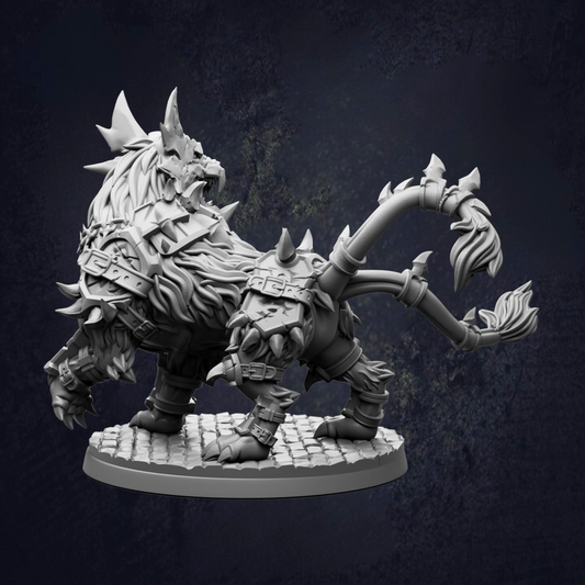 A detailed 3D model of a fierce-looking mythical creature, possibly a dragon or a lion-like animal, with sharp teeth and claws, standing on a platform against a dark background.