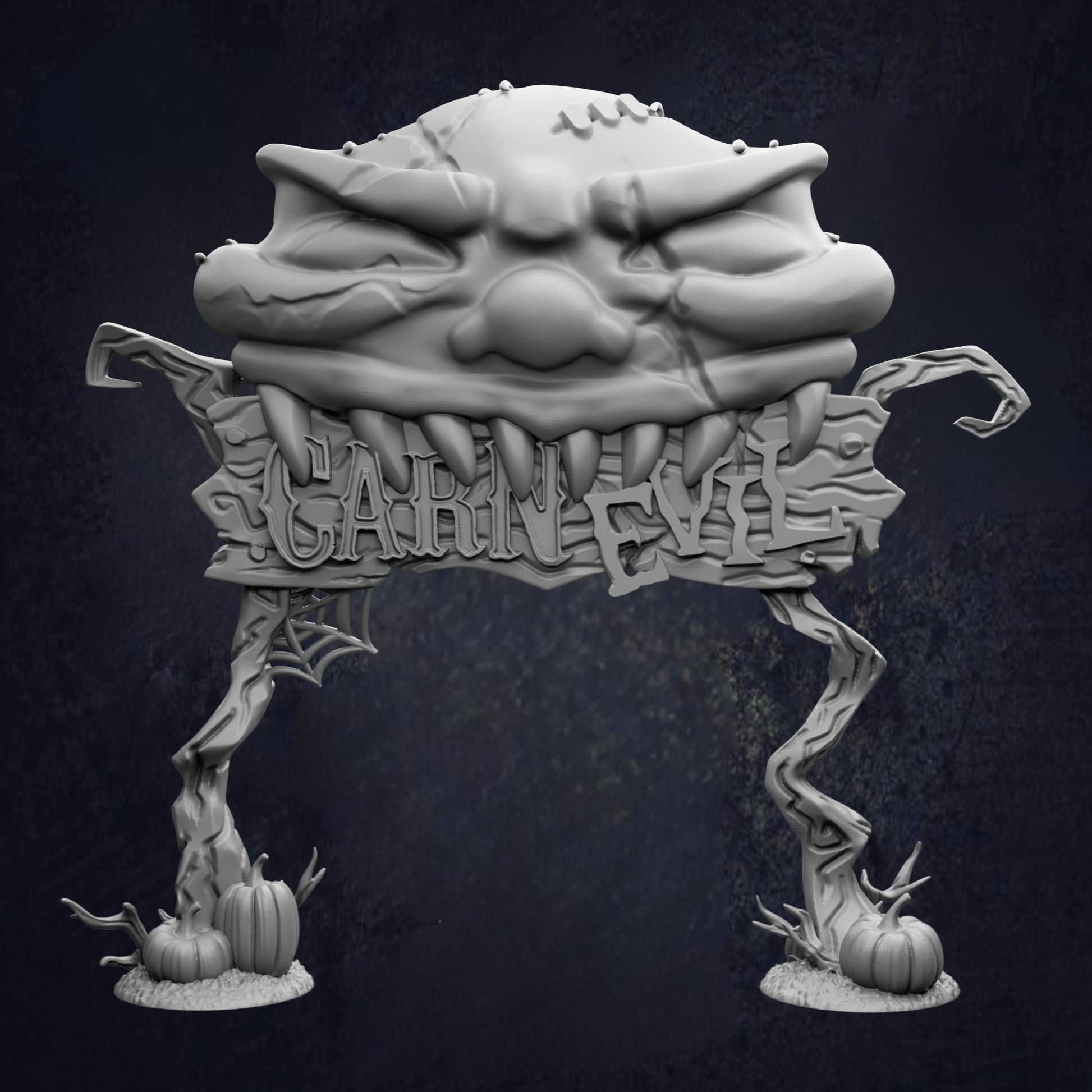 A 3D rendering of a spooky, monster-like creature with a large head and sharp teeth, standing on legs and surrounded by pumpkins.