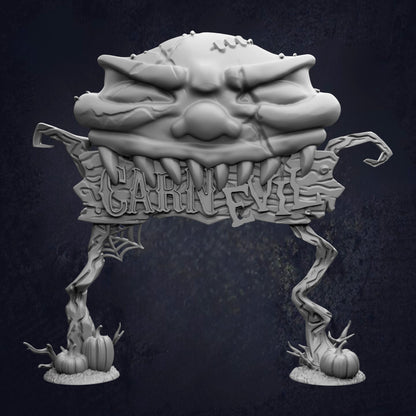 A 3D rendering of a spooky, monster-like creature with a large head and sharp teeth, standing on legs and surrounded by pumpkins.