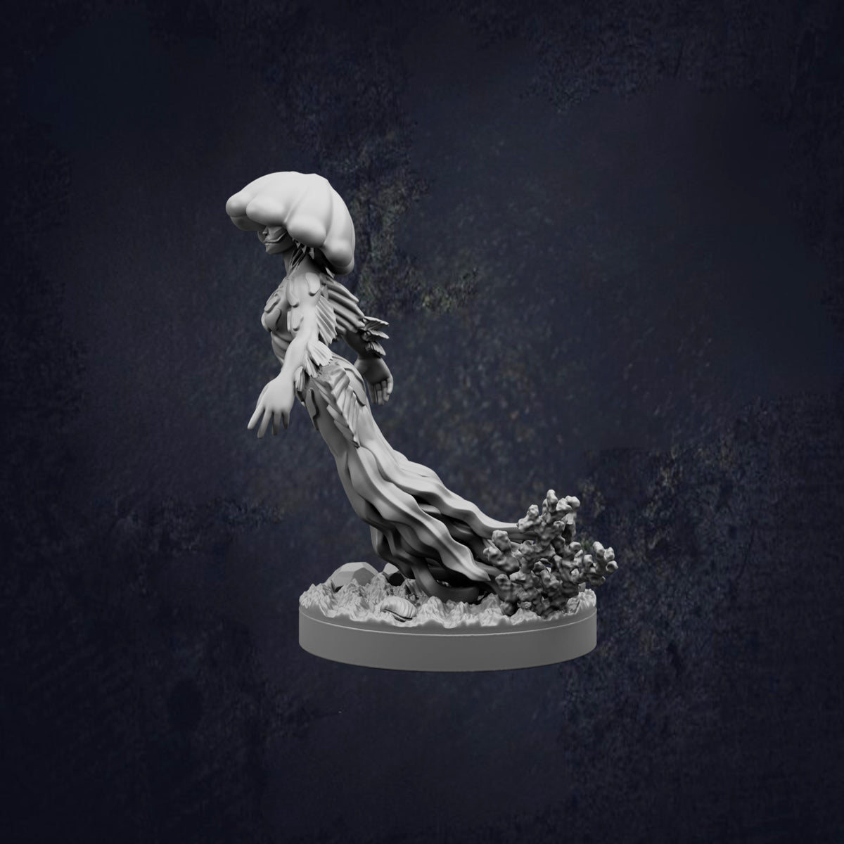 A 3D rendering of a fantastical creature resembling a jellyfish or sea monster, with a large head and flowing, ethereal body, set against a dark, textured background.