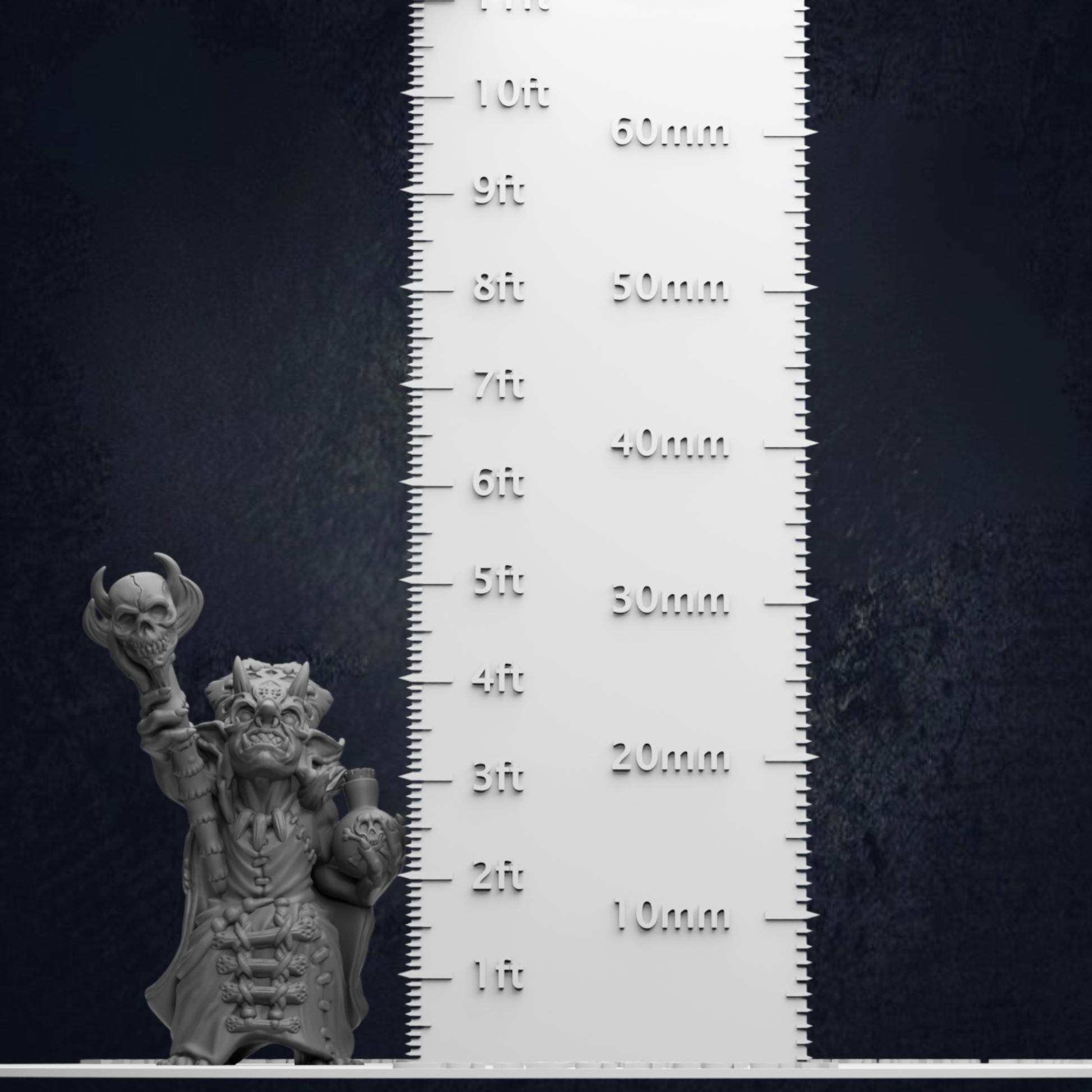 A 3D model of a character is shown next to a ruler for size comparison.