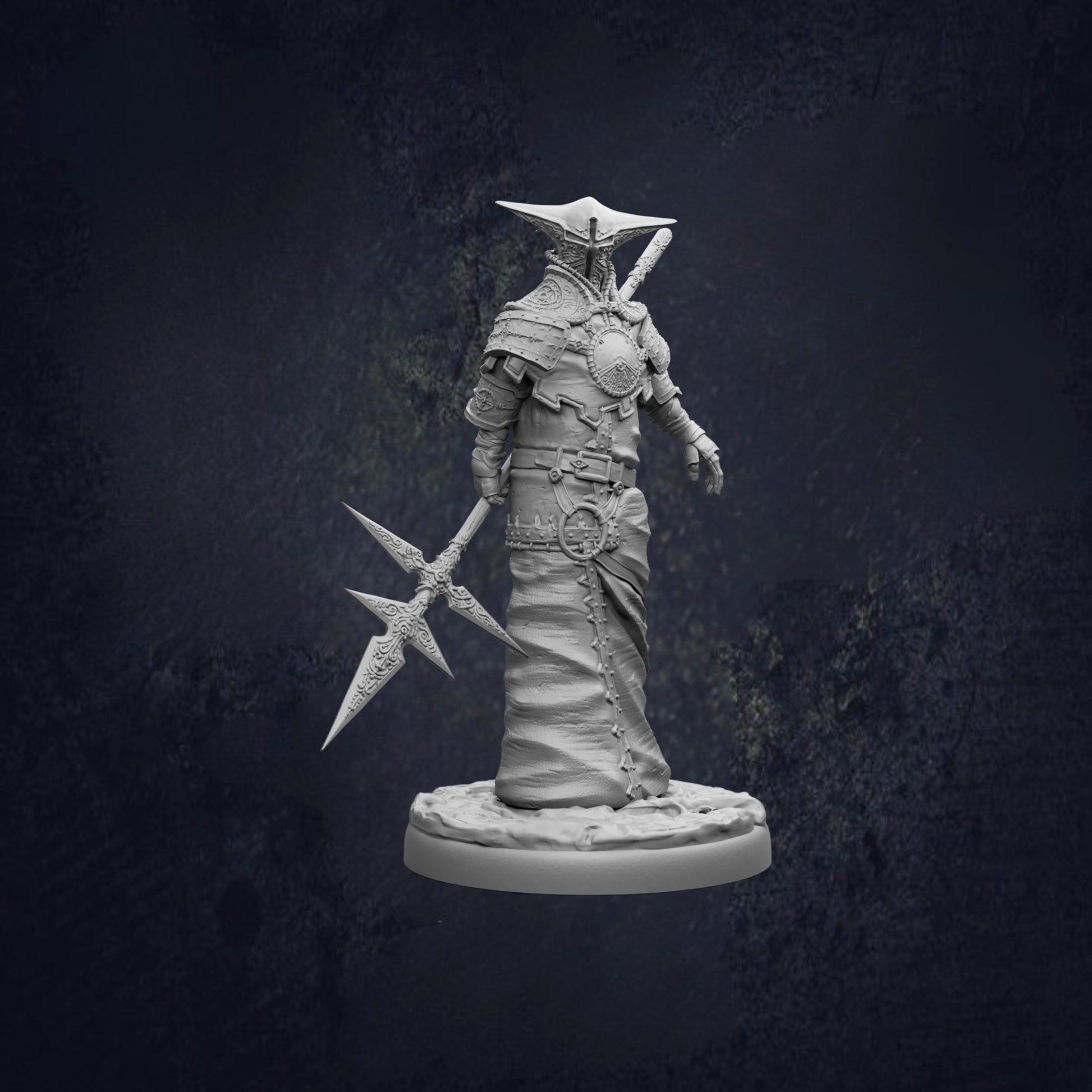 A detailed 3D model of a warrior figure holding a spear and shield, standing against a dark background.