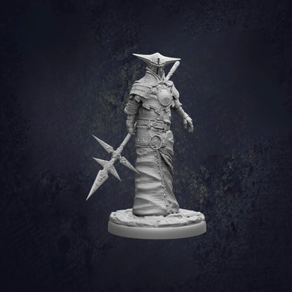 A detailed 3D model of a warrior figure holding a spear and shield, standing against a dark background.