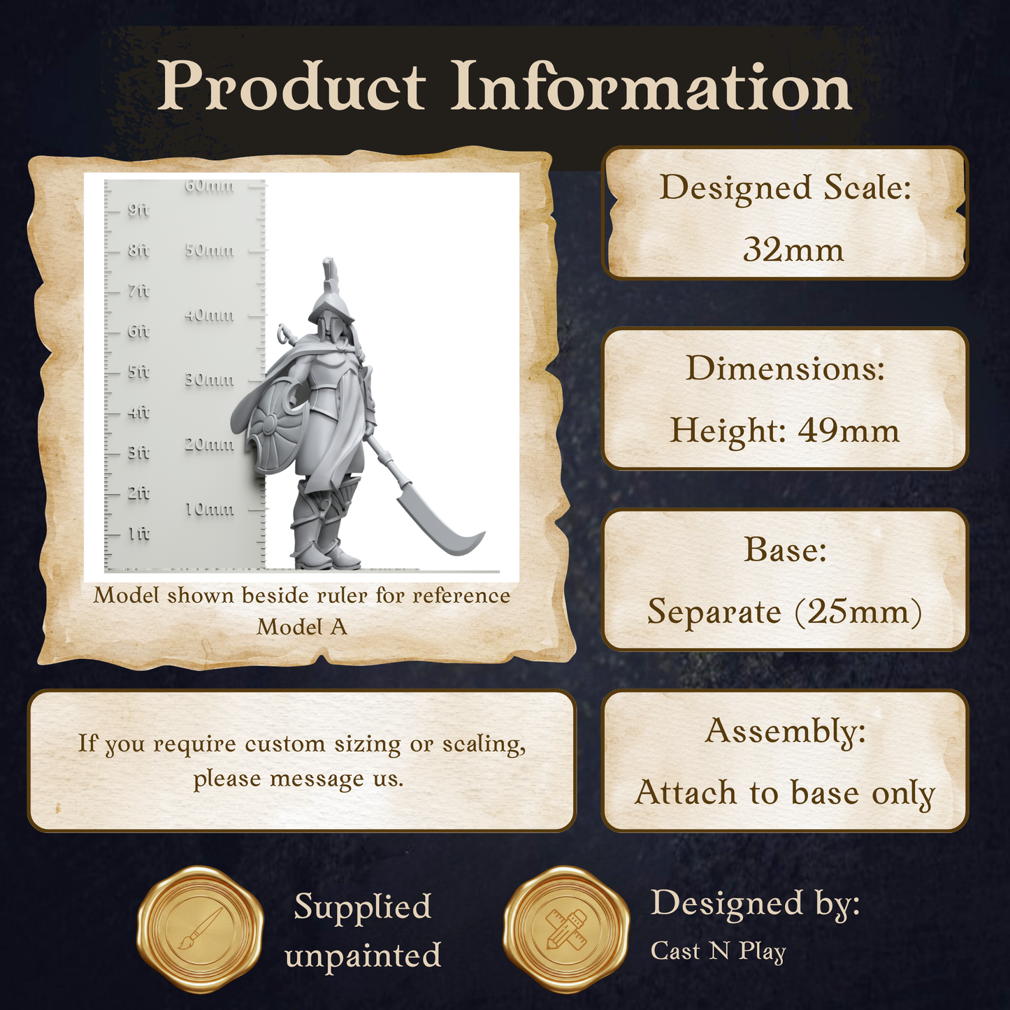 The image is a product information display featuring a model of a warrior figure, along with dimensions and assembly instructions.