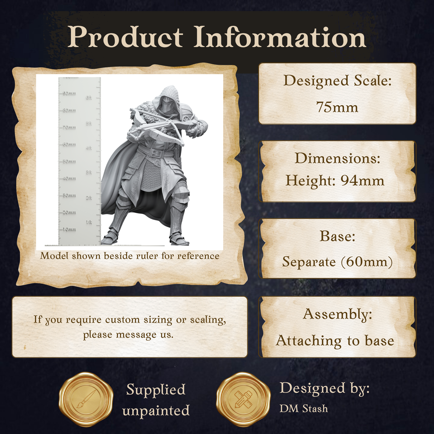 The image is a product information graphic that provides details about a model shown beside a ruler for reference.
