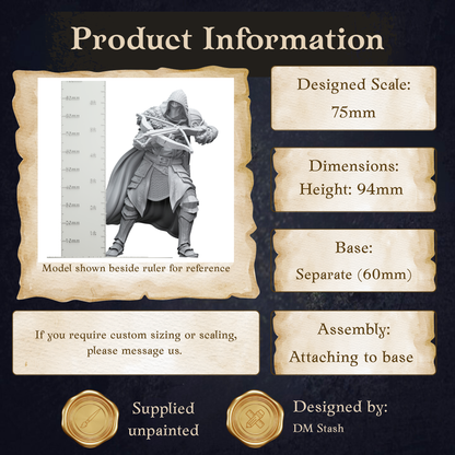 The image is a product information graphic that provides details about a model shown beside a ruler for reference.