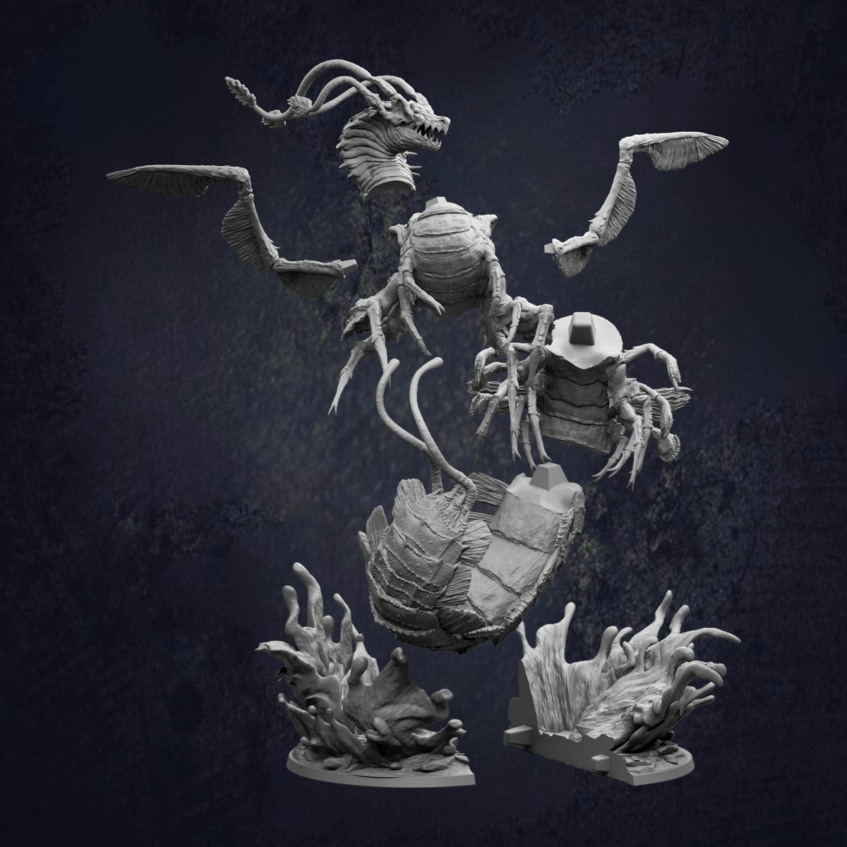 A 3D rendering of a fantastical creature with a large head, sharp teeth, and long, curved tail. The creature appears to be a dragon-like creature with a web-like body and a large head. The creature is surrounded by a dark, textured background, giving it a mysterious and otherworldly appearance.