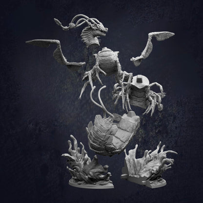 A 3D rendering of a fantastical creature with a large head, sharp teeth, and long, curved tail. The creature appears to be a dragon-like creature with a web-like body and a large head. The creature is surrounded by a dark, textured background, giving it a mysterious and otherworldly appearance.