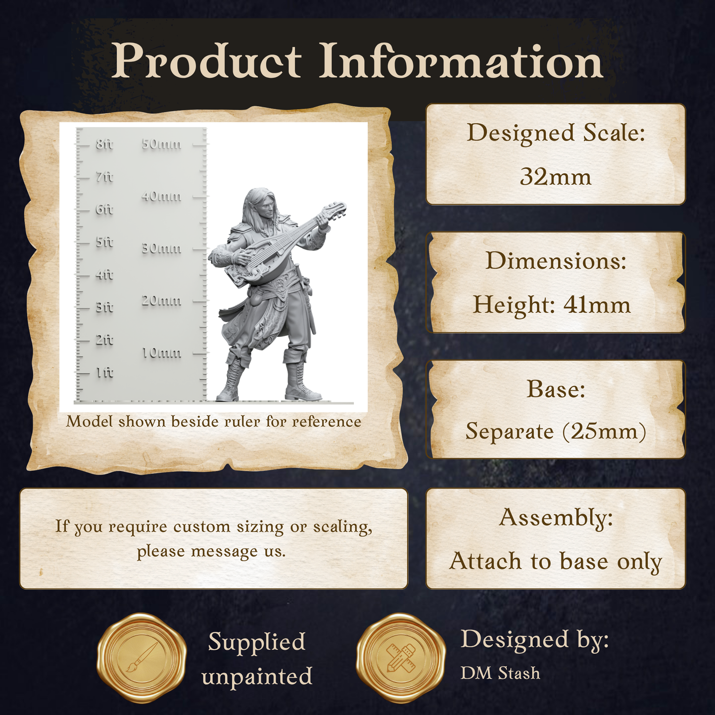 The image is a product information graphic for a sword, featuring a sword model shown beside a ruler for reference. The sword is designed in a 32mm height and has dimensions of 41mm in width. The base of the sword is 25mm in width. The product is designed by DM Stash. The image is a collage of multiple images, and it is unpainted. The product is not available in less than 500 characters.