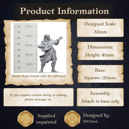 The image is a product information graphic for a sword, featuring a sword model shown beside a ruler for reference. The sword is designed in a 32mm height and has dimensions of 41mm in width. The base of the sword is 25mm in width. The product is designed by DM Stash. The image is a collage of multiple images, and it is unpainted. The product is not available in less than 500 characters.