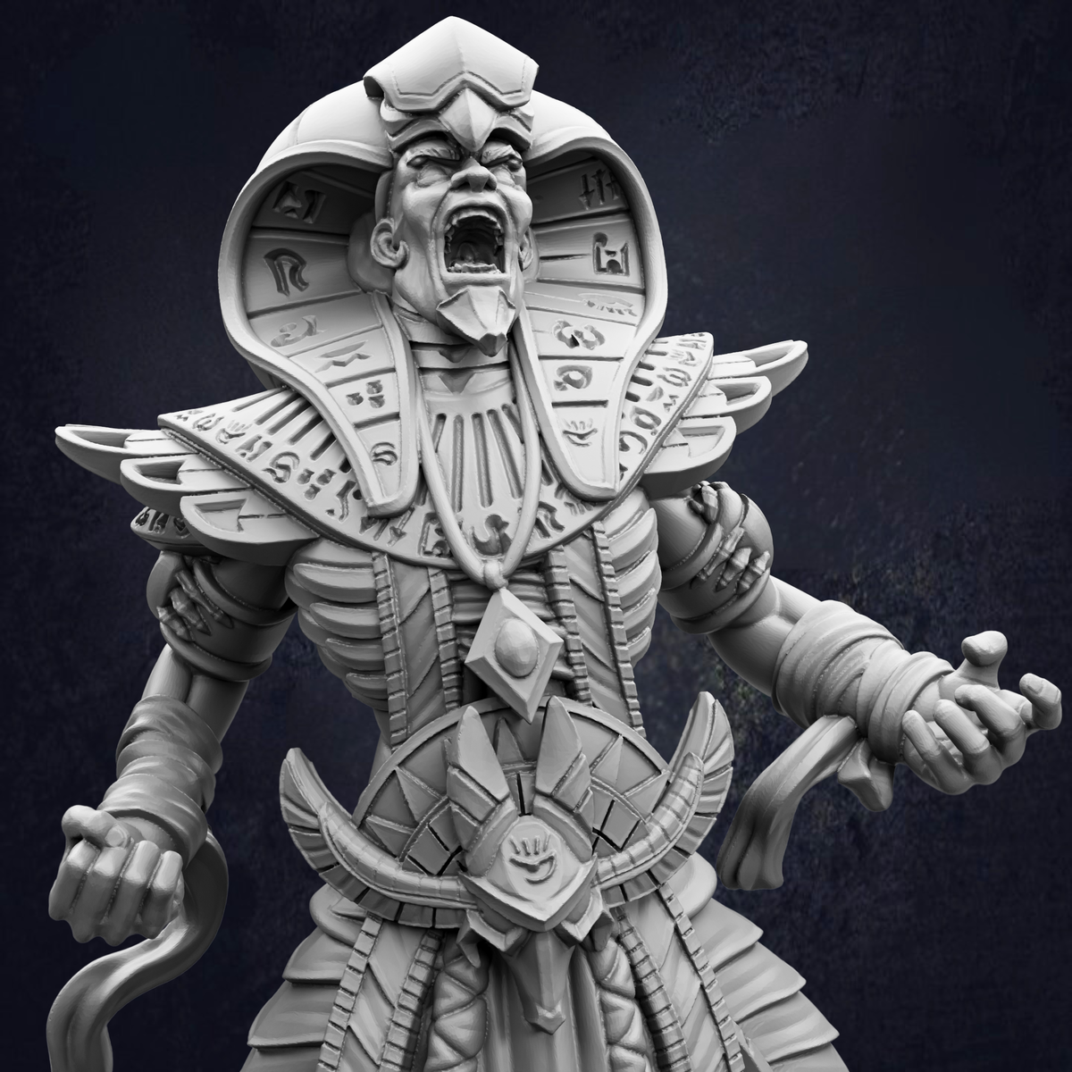 A detailed 3D model of an ancient Egyptian pharaoh statue, with intricate designs and symbols adorning the figure's head and body.