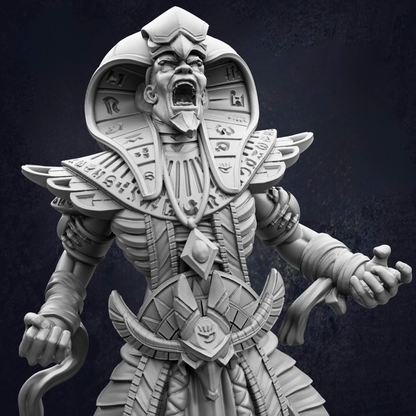 A detailed 3D model of an ancient Egyptian pharaoh statue, with intricate designs and symbols adorning the figure's head and body.