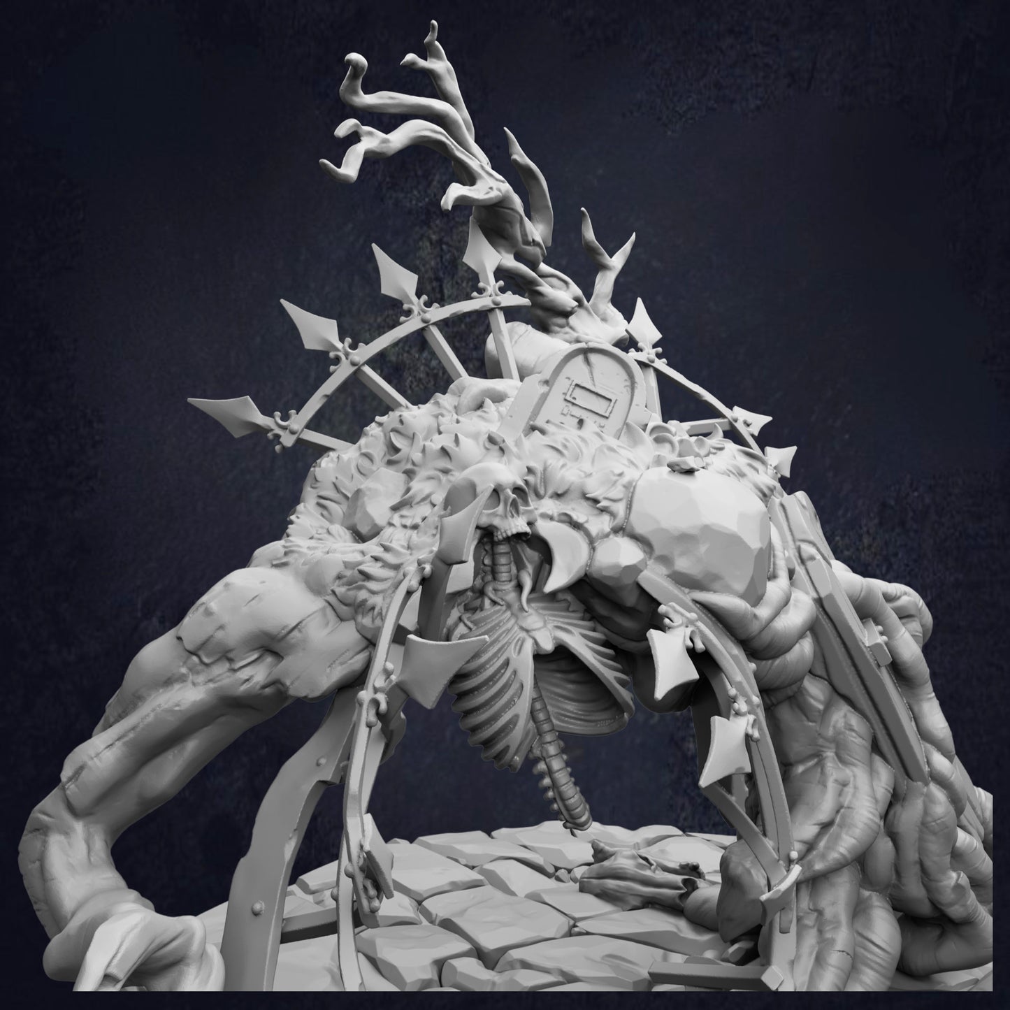 A detailed 3D rendering of a fantastical creature with an intricate, organic form and a skeletal structure.
