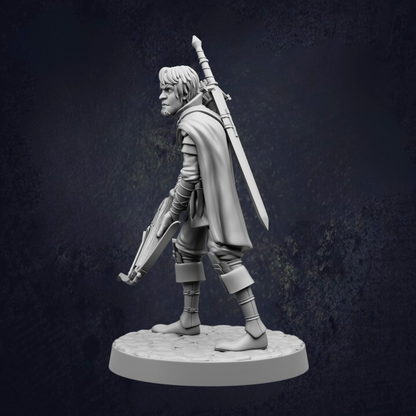 A 3D model of a character holding a sword and a shield, standing in a fighting stance.