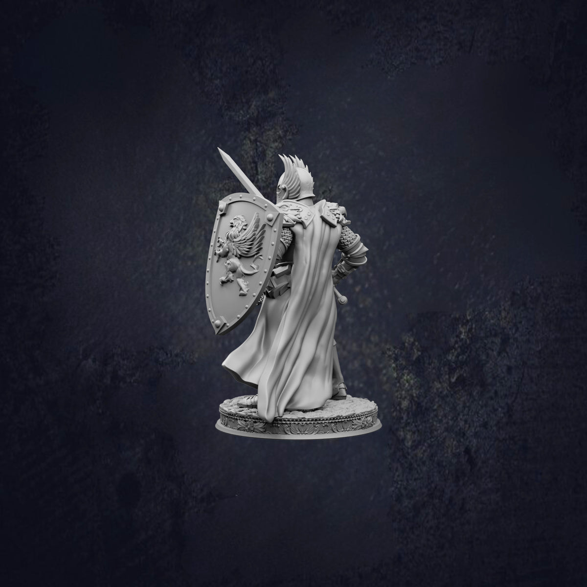 A statue of a warrior figure holding a shield and sword, standing in a defensive stance against a dark background.