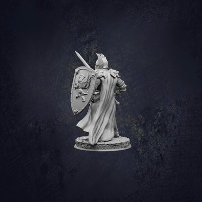 A statue of a warrior figure holding a shield and sword, standing in a defensive stance against a dark background.