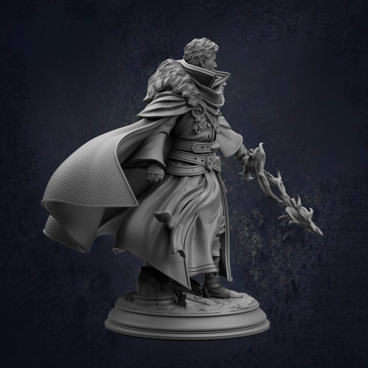 A detailed 3D model of a fantasy character, possibly a wizard or magical being, standing on a pedestal and holding a staff or staff-like object.