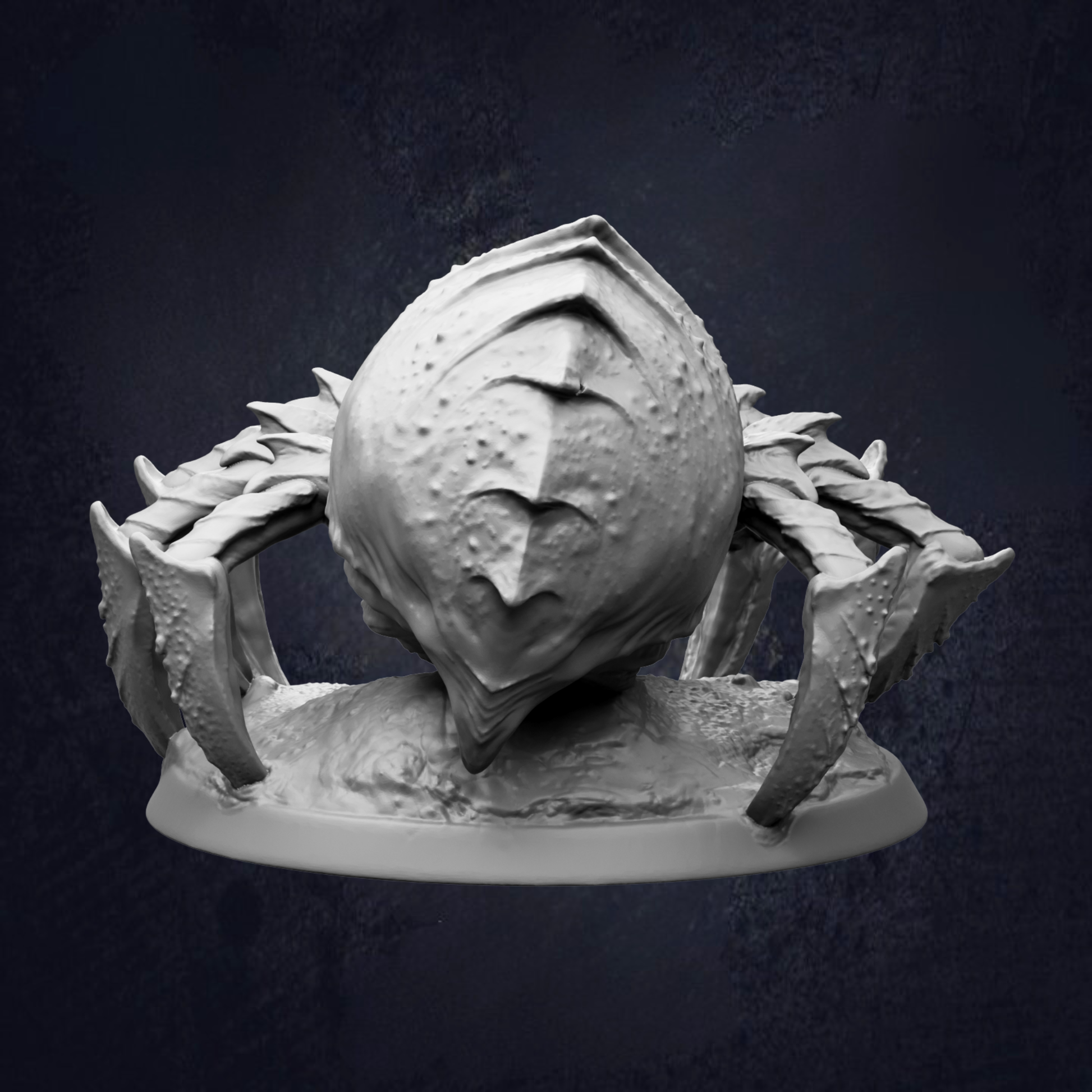 A 3D rendering of a large, spherical object with a textured surface, surrounded by sharp, claw-like features.