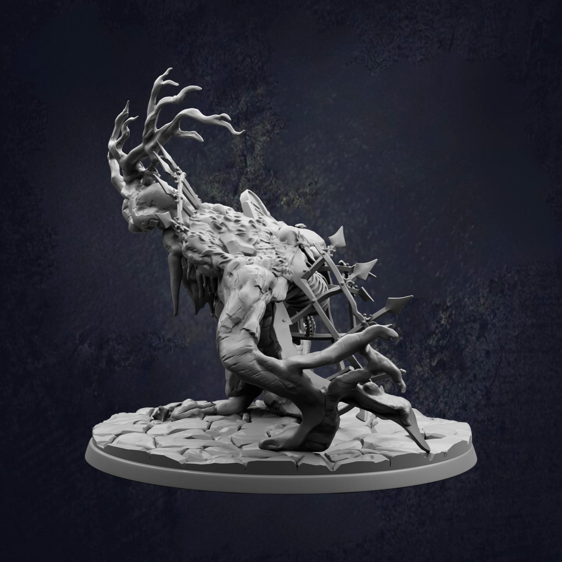 A dark, moody image depicting a twisted, gnarled tree-like creature with sharp, jagged features and a twisted, gnarled body.