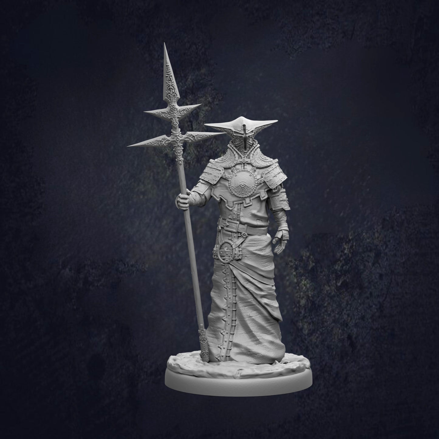 A detailed 3D model of a warrior figure holding a spear and standing in a dark, moody setting.