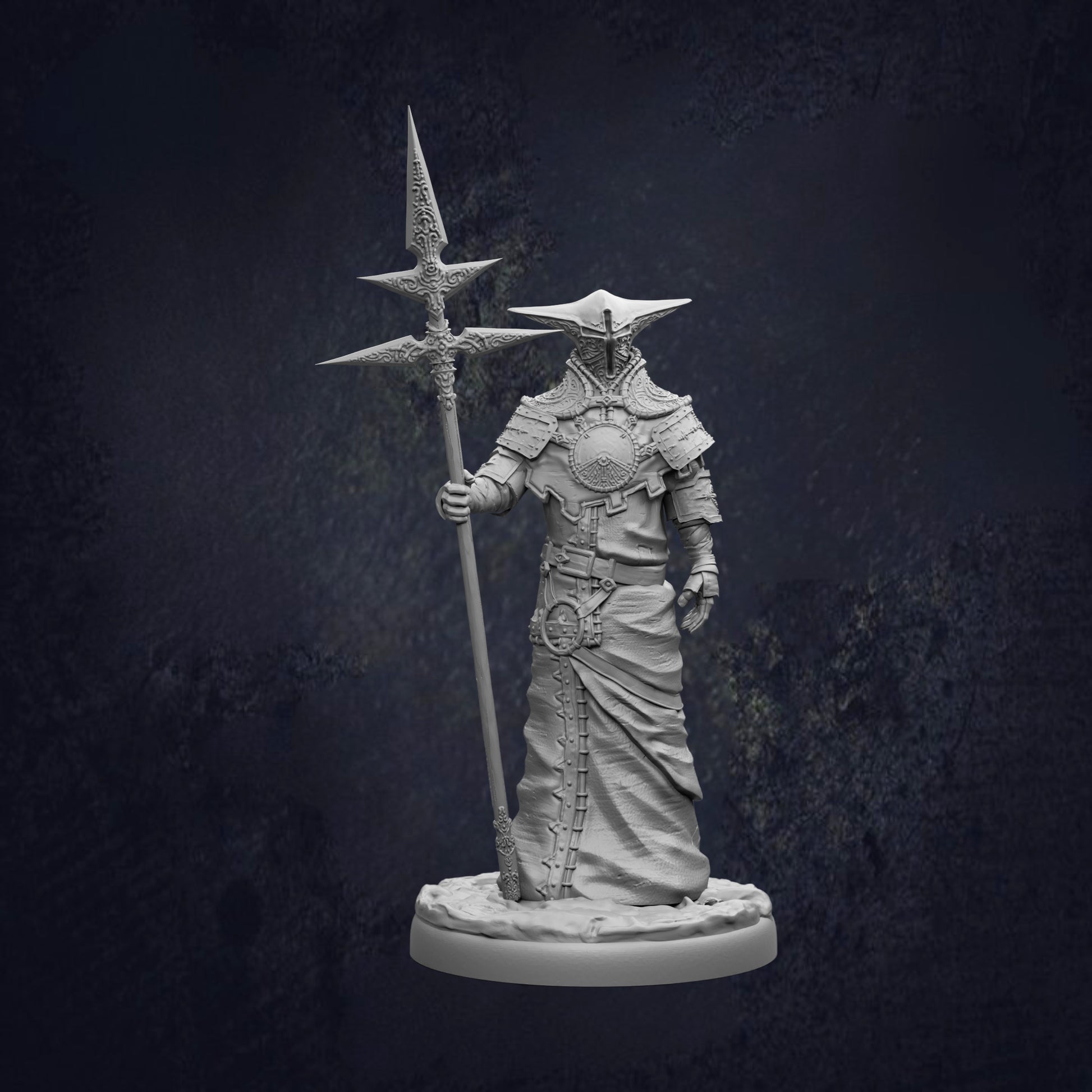 A detailed 3D model of a warrior figure holding a spear and standing in a dark, moody setting.