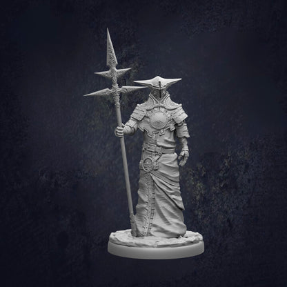 A detailed 3D model of a warrior figure holding a spear and standing in a dark, moody setting.