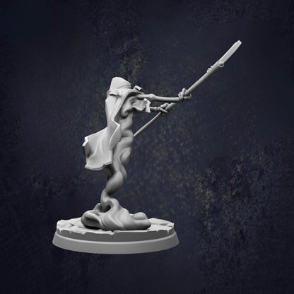 A 3D rendering of a figure holding a long stick or staff, standing on a platform against a dark background.