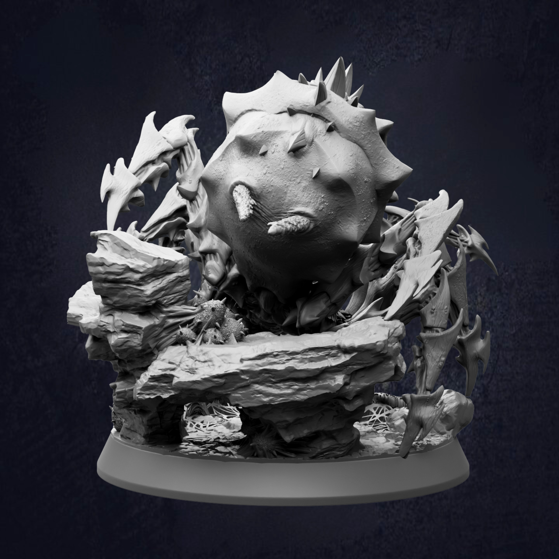 A detailed 3D rendering of a fantastical creature, possibly a dragon or serpent, with sharp teeth and spikes, set against a dark background.
