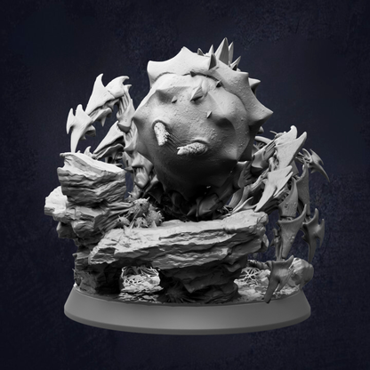 A detailed 3D rendering of a fantastical creature, possibly a dragon or serpent, with sharp teeth and spikes, set against a dark background.