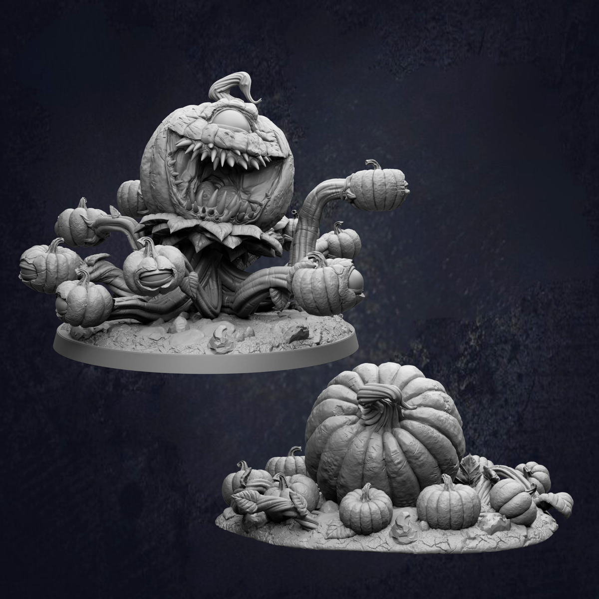 two sculptures of pumpkins, one larger and one smaller, set against a dark background.