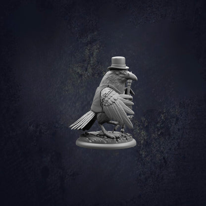 A black and white image of a bird wearing a top hat and holding a cane, standing on a base.