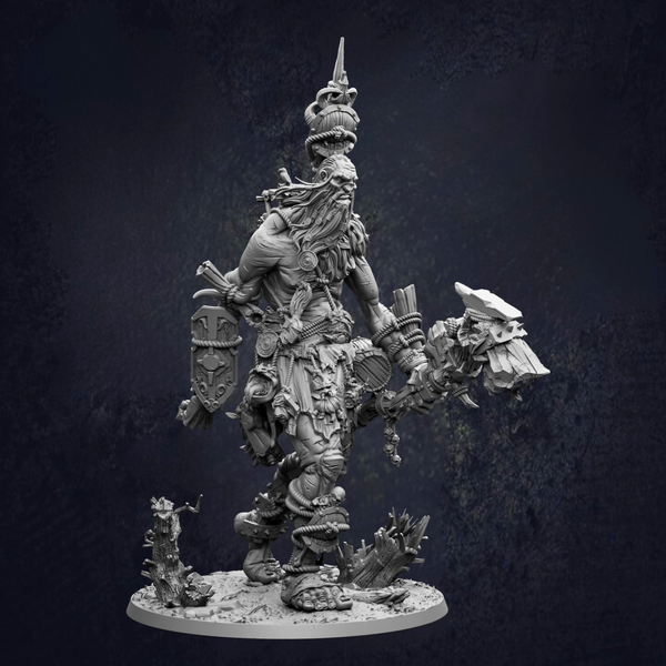 A detailed, intricate, and fantastical statue of a large, imposing creature with a long beard and a tall, pointed hat. The creature appears to be a deity or a powerful figure, surrounded by various weapons and armor. The statue is set against a dark, textured background, emphasizing its grandeur and majesty.